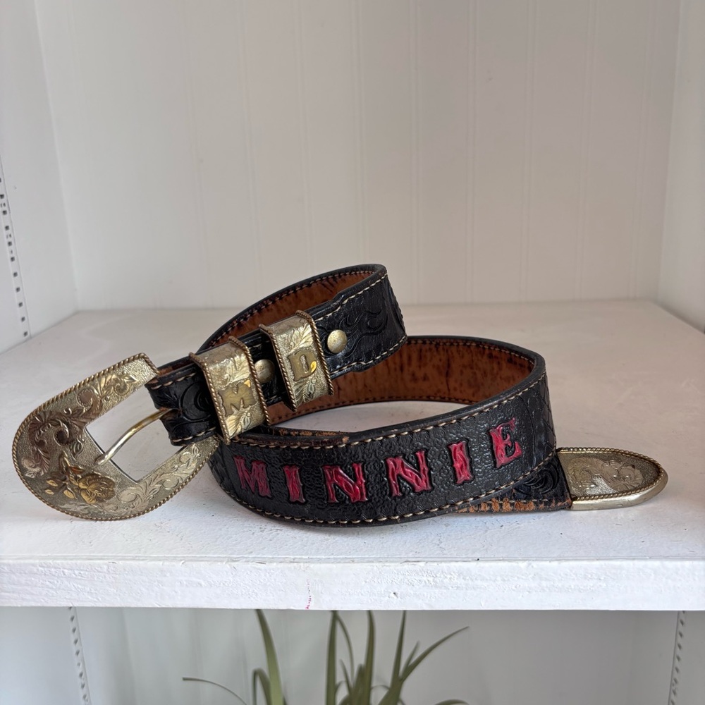 Vintage Personalized 'MINNIE' Tooled  Leather Western Belt  Nickel Silver Buckle